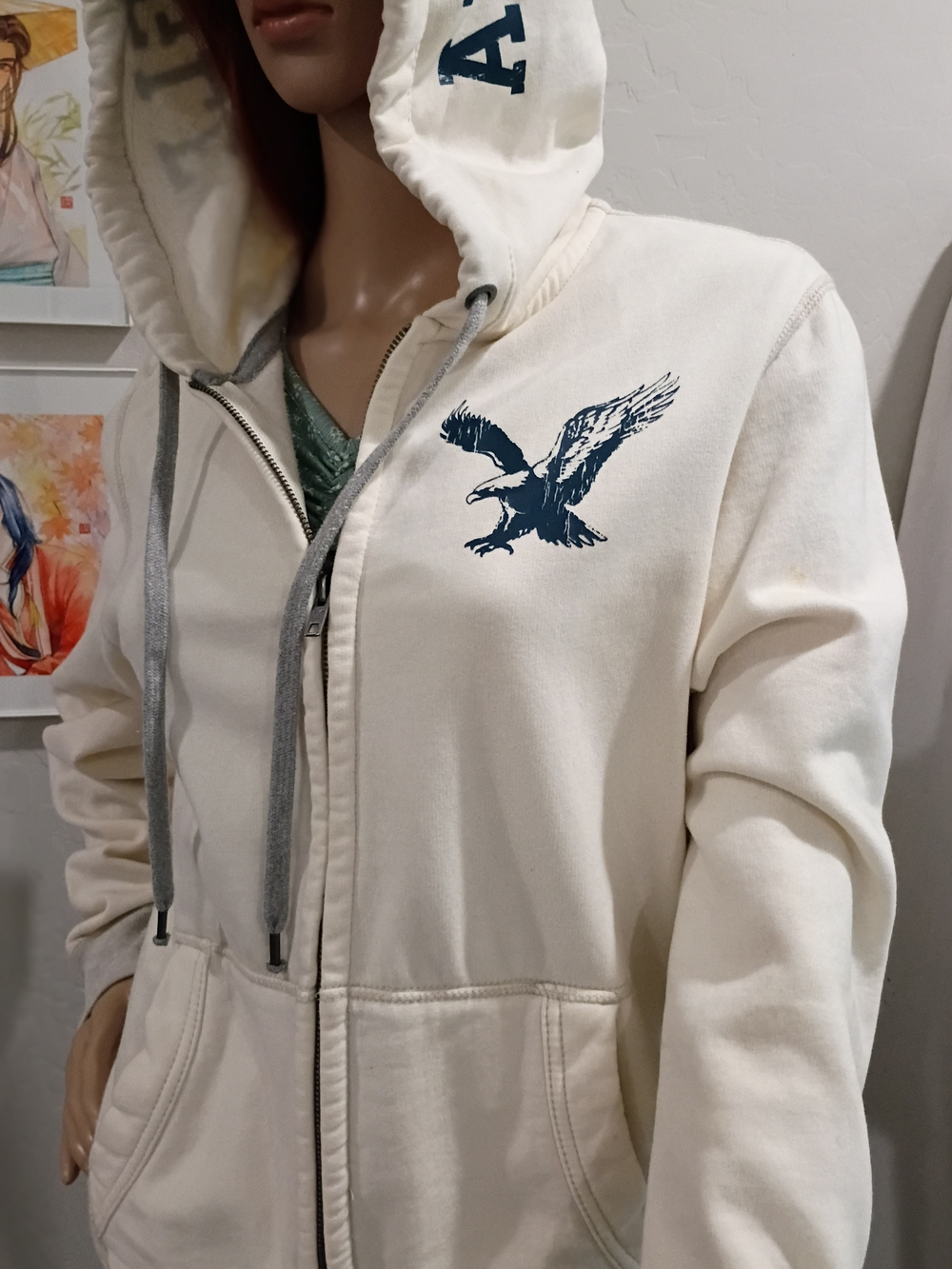 American Eagle Outfitters Cream Zip-up Hoodie with Navy Eagle Graphic